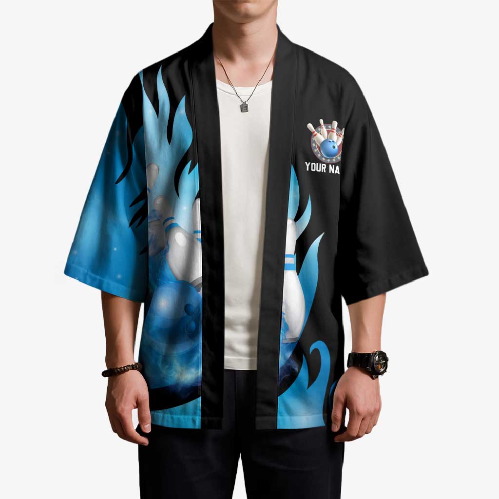Blue Flame Bowling Ball and Pins Design Kimono with Smoke Effects and Custom Team Name Text - Wonder Print Shop