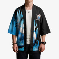 Blue Flame Bowling Ball and Pins Design Kimono with Smoke Effects and Custom Team Name Text - Wonder Print Shop