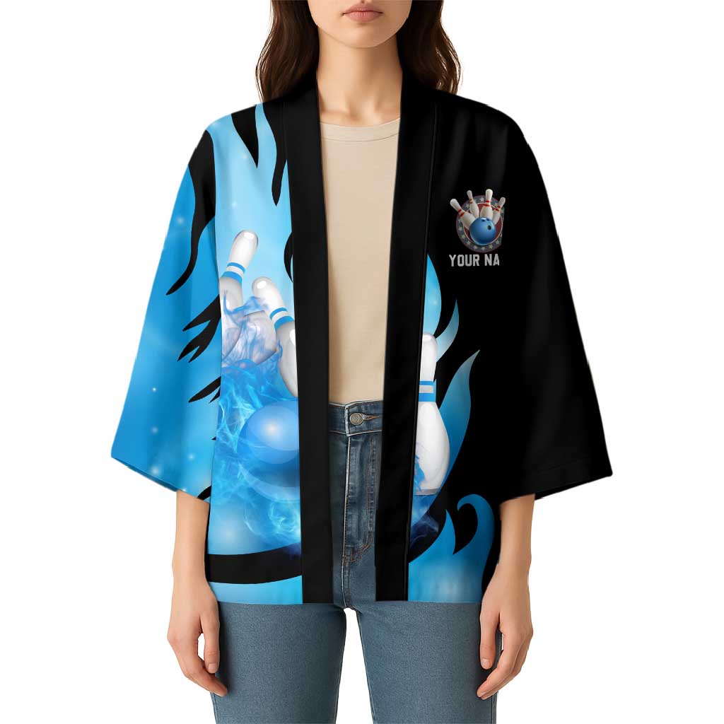 Blue Flame Bowling Ball and Pins Design Kimono with Smoke Effects and Custom Team Name Text - Wonder Print Shop