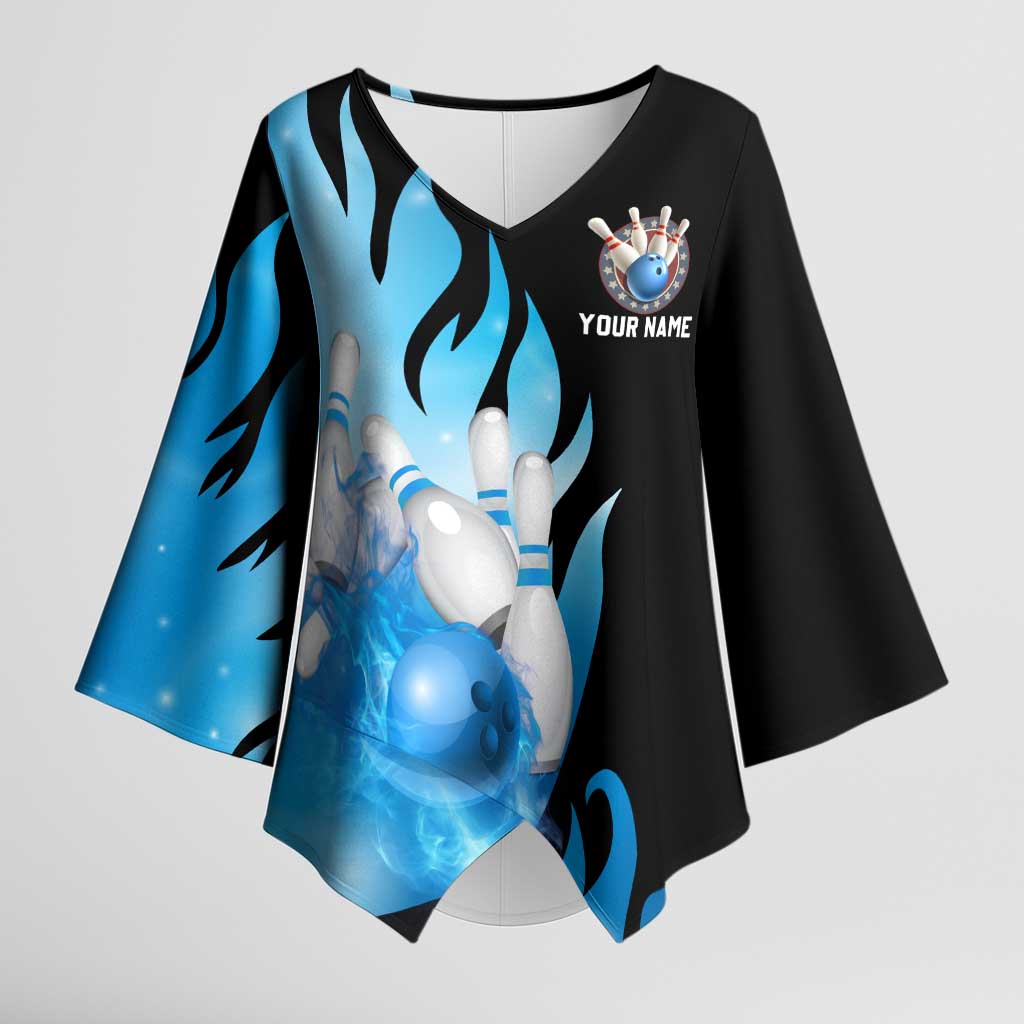 Blue Flame Bowling Ball and Pins Design Kimono Sleeve Blouse with Smoke Effects and Custom Team Name Text - Wonder Print Shop