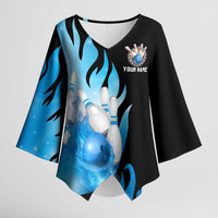 Blue Flame Bowling Ball and Pins Design Kimono Sleeve Blouse with Smoke Effects and Custom Team Name Text - Wonder Print Shop