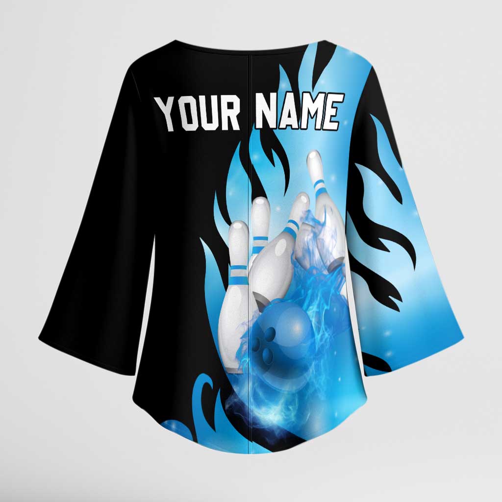 Blue Flame Bowling Ball and Pins Design Kimono Sleeve Blouse with Smoke Effects and Custom Team Name Text - Wonder Print Shop