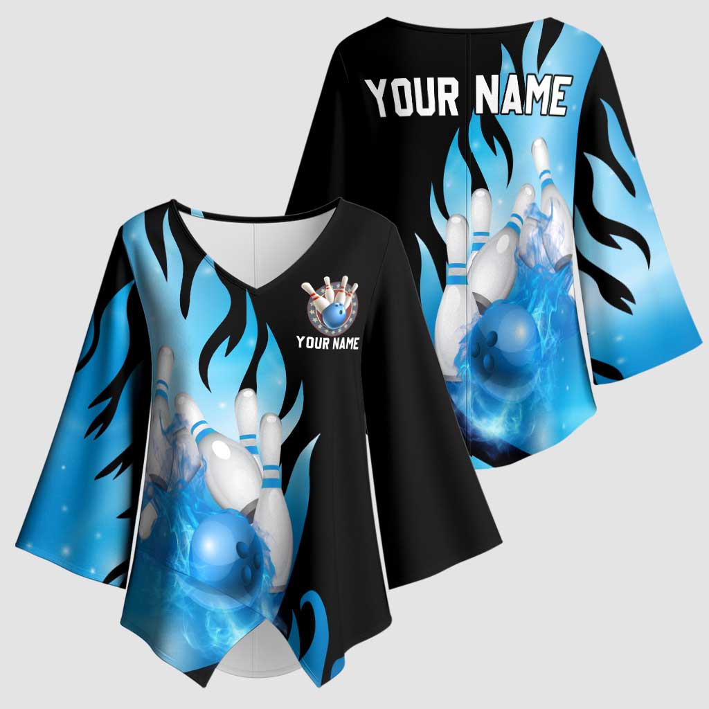 Blue Flame Bowling Ball and Pins Design Kimono Sleeve Blouse with Smoke Effects and Custom Team Name Text - Wonder Print Shop