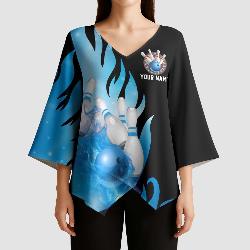 Blue Flame Bowling Ball and Pins Design Kimono Sleeve Blouse with Smoke Effects and Custom Team Name Text - Wonder Print Shop