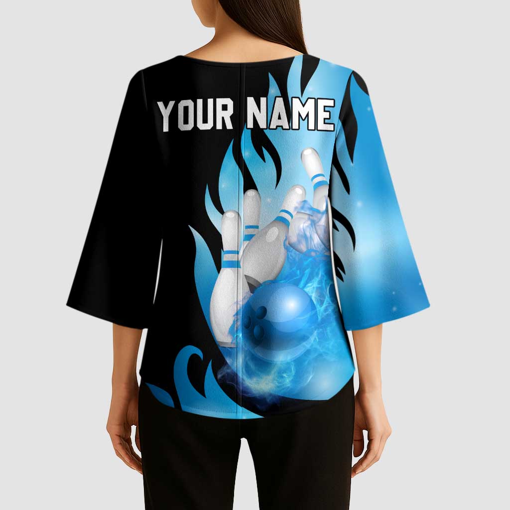 Blue Flame Bowling Ball and Pins Design Kimono Sleeve Blouse with Smoke Effects and Custom Team Name Text - Wonder Print Shop