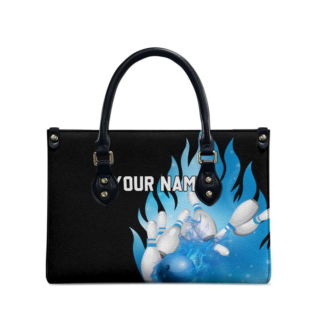 Blue Flame Bowling Ball and Pins Design Leather Bag with Smoke Effects and Custom Team Name Text - Wonder Print Shop