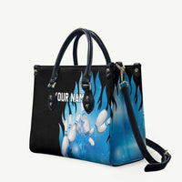 Blue Flame Bowling Ball and Pins Design Leather Bag with Smoke Effects and Custom Team Name Text - Wonder Print Shop