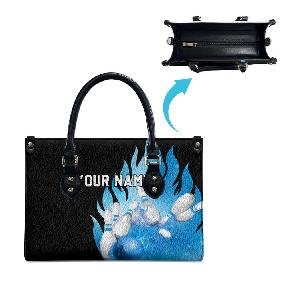 Blue Flame Bowling Ball and Pins Design Leather Bag with Smoke Effects and Custom Team Name Text - Wonder Print Shop
