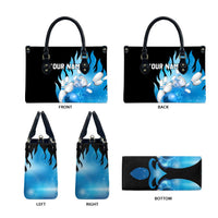 Blue Flame Bowling Ball and Pins Design Leather Bag with Smoke Effects and Custom Team Name Text - Wonder Print Shop