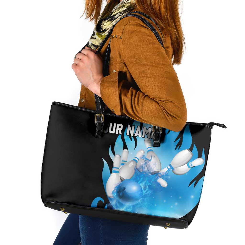 Blue Flame Bowling Ball and Pins Design Leather Tote Bag with Smoke Effects and Custom Team Name Text - Wonder Print Shop