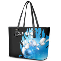 Blue Flame Bowling Ball and Pins Design Leather Tote Bag with Smoke Effects and Custom Team Name Text - Wonder Print Shop