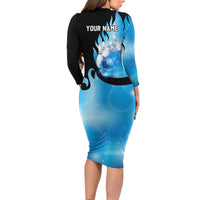 Blue Flame Bowling Ball and Pins Design Long Sleeve Bodycon Dress with Smoke Effects and Custom Team Name Text - Wonder Print Shop