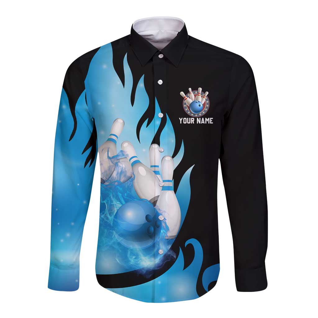 Blue Flame Bowling Ball and Pins Design Long Sleeve Button Shirt with Smoke Effects and Custom Team Name Text - Wonder Print Shop