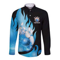 Blue Flame Bowling Ball and Pins Design Long Sleeve Button Shirt with Smoke Effects and Custom Team Name Text - Wonder Print Shop