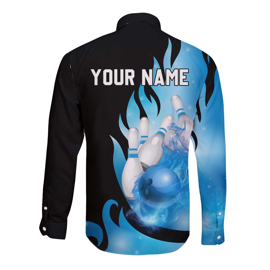 Blue Flame Bowling Ball and Pins Design Long Sleeve Button Shirt with Smoke Effects and Custom Team Name Text - Wonder Print Shop