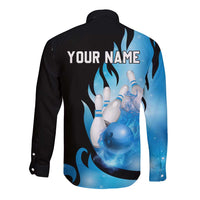 Blue Flame Bowling Ball and Pins Design Long Sleeve Button Shirt with Smoke Effects and Custom Team Name Text - Wonder Print Shop
