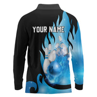 Blue Flame Bowling Ball and Pins Design Long Sleeve Polo Shirt with Smoke Effects and Custom Team Name Text - Wonder Print Shop
