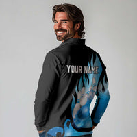 Blue Flame Bowling Ball and Pins Design Long Sleeve Polo Shirt with Smoke Effects and Custom Team Name Text - Wonder Print Shop