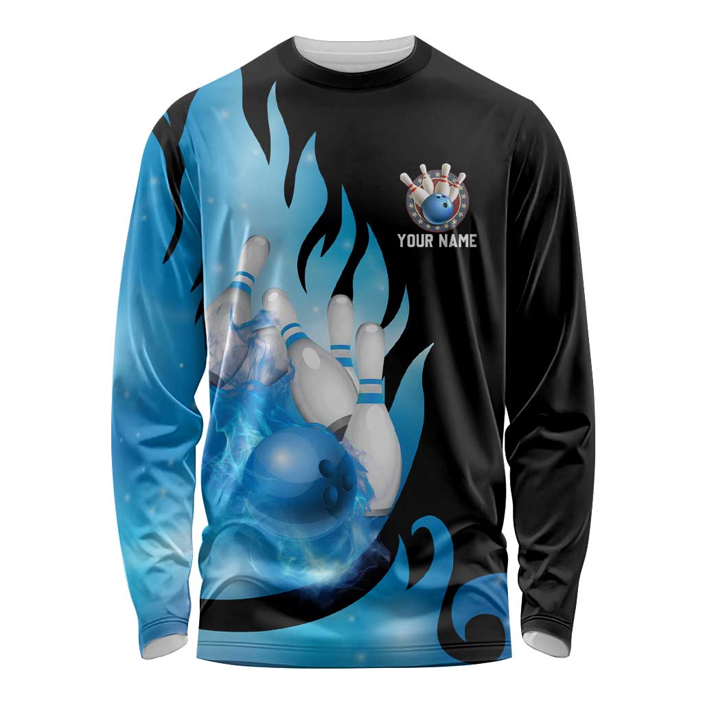 Blue Flame Bowling Ball and Pins Design Long Sleeve Shirt with Smoke Effects and Custom Team Name Text - Wonder Print Shop