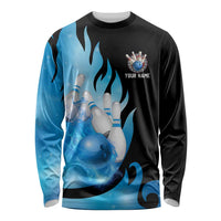 Blue Flame Bowling Ball and Pins Design Long Sleeve Shirt with Smoke Effects and Custom Team Name Text - Wonder Print Shop