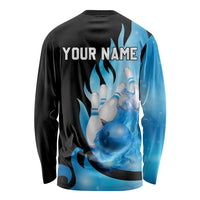 Blue Flame Bowling Ball and Pins Design Long Sleeve Shirt with Smoke Effects and Custom Team Name Text - Wonder Print Shop