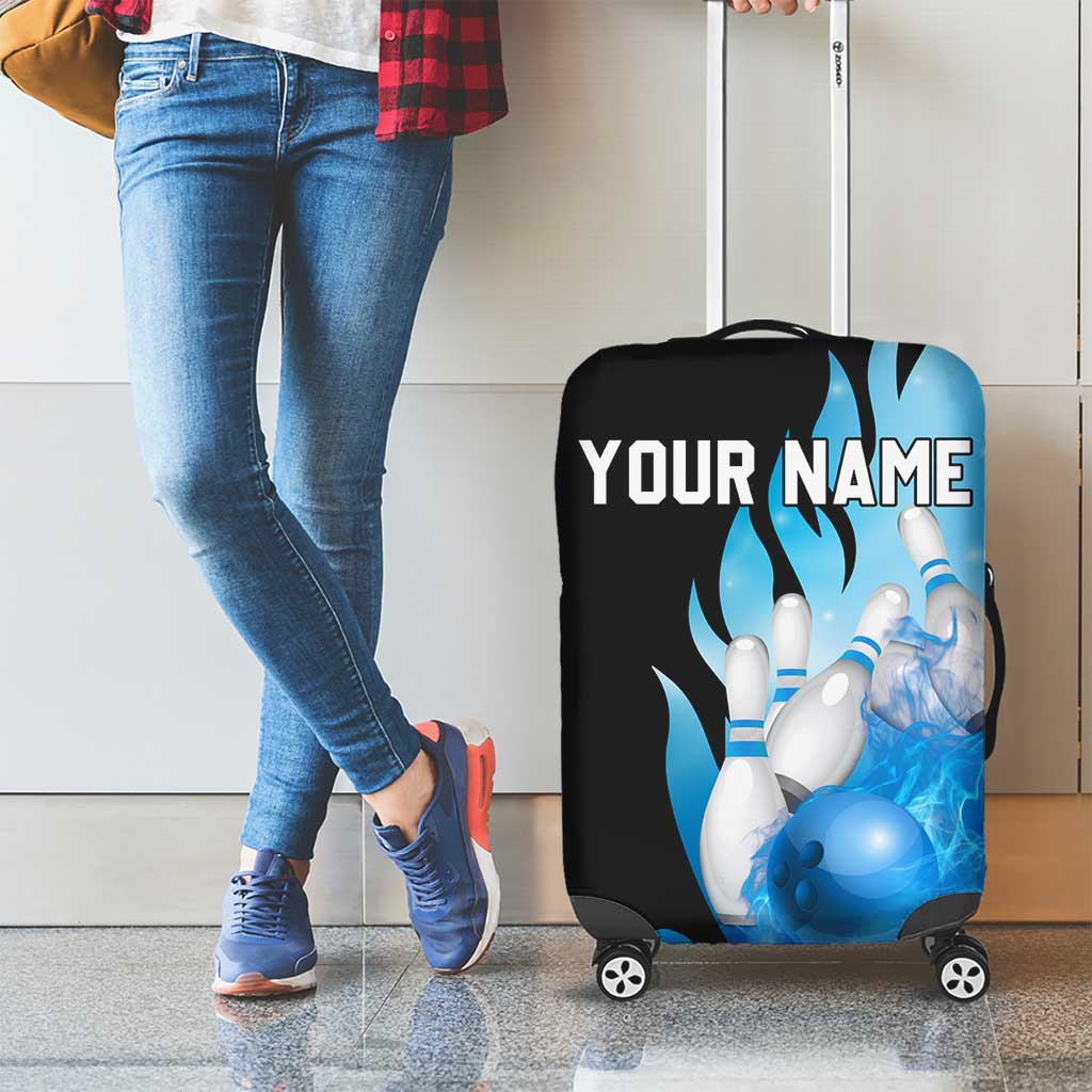 Blue Flame Bowling Ball and Pins Design Luggage Cover with Smoke Effects and Custom Team Name Text - Wonder Print Shop