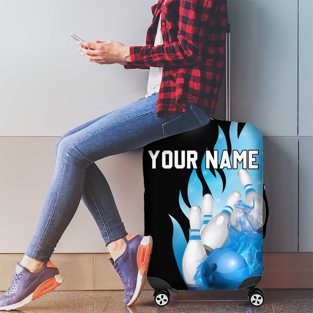 Blue Flame Bowling Ball and Pins Design Luggage Cover with Smoke Effects and Custom Team Name Text - Wonder Print Shop