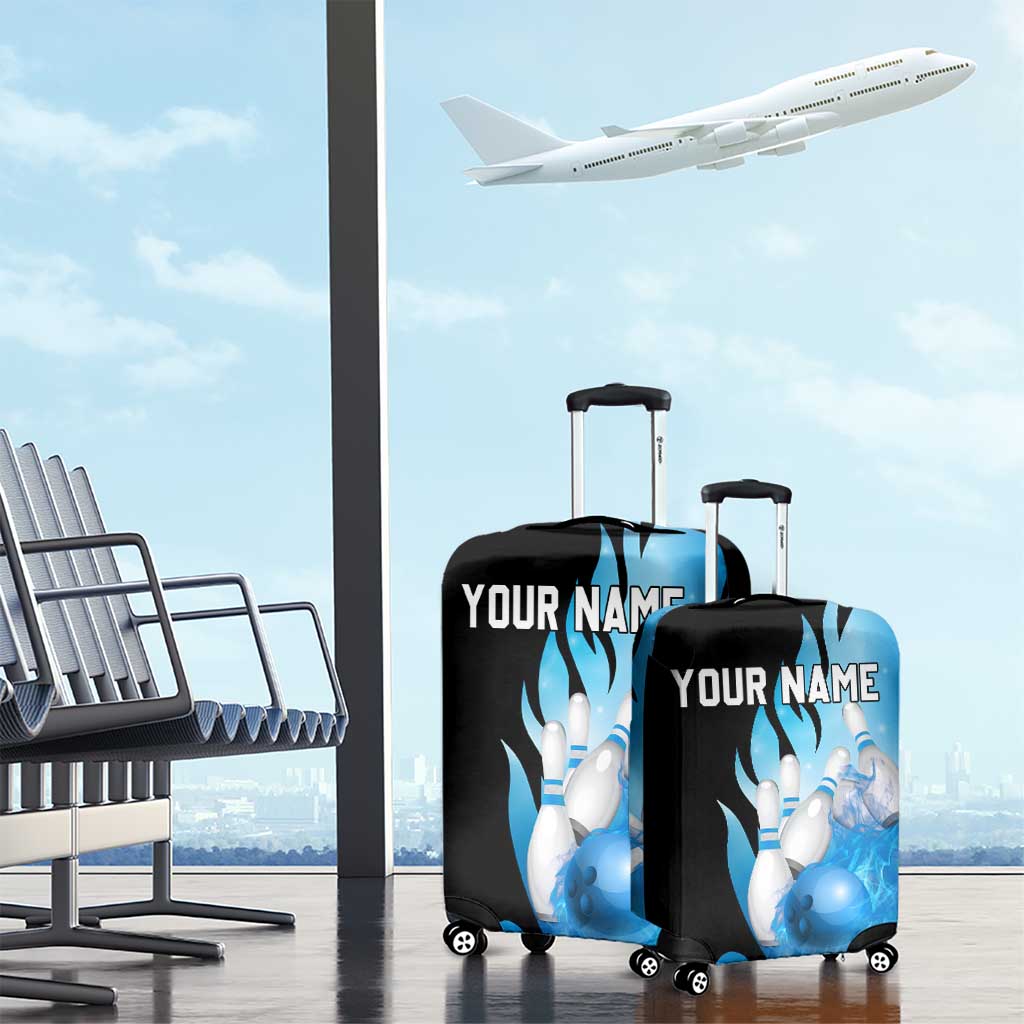 Blue Flame Bowling Ball and Pins Design Luggage Cover with Smoke Effects and Custom Team Name Text - Wonder Print Shop