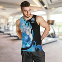 Blue Flame Bowling Ball and Pins Design Men Tank Top with Smoke Effects and Custom Team Name Text - Wonder Print Shop