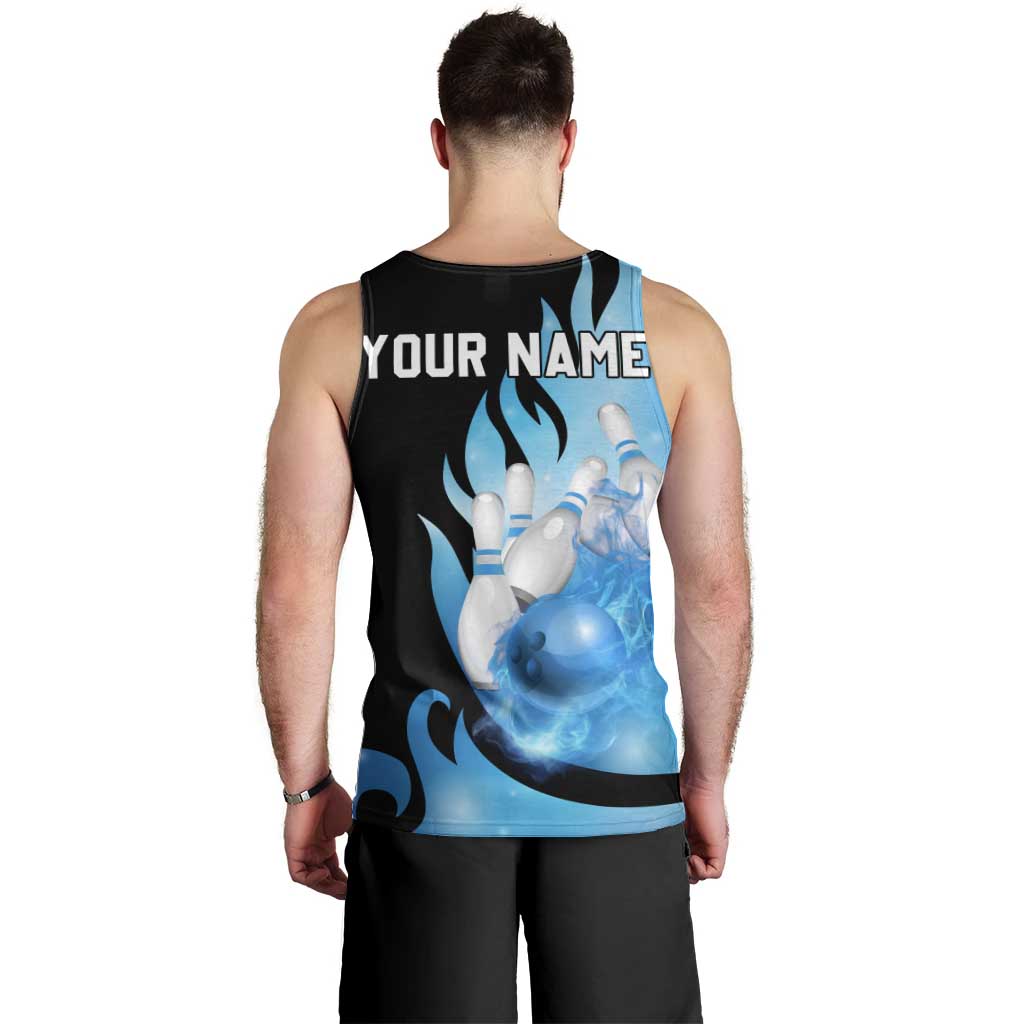 Blue Flame Bowling Ball and Pins Design Men Tank Top with Smoke Effects and Custom Team Name Text - Wonder Print Shop