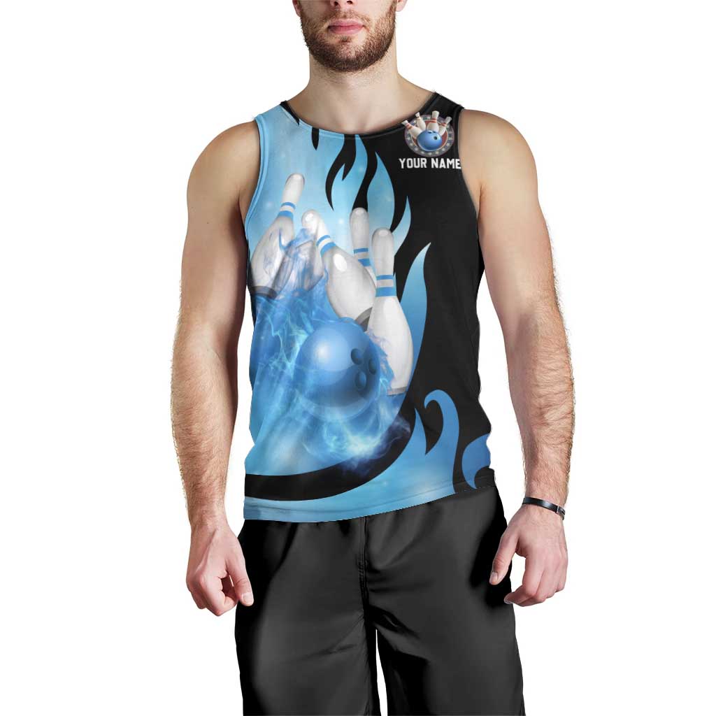 Blue Flame Bowling Ball and Pins Design Men Tank Top with Smoke Effects and Custom Team Name Text - Wonder Print Shop
