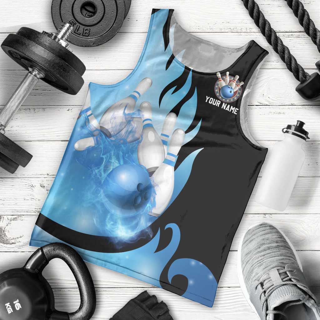 Blue Flame Bowling Ball and Pins Design Men Tank Top with Smoke Effects and Custom Team Name Text - Wonder Print Shop