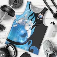 Blue Flame Bowling Ball and Pins Design Men Tank Top with Smoke Effects and Custom Team Name Text - Wonder Print Shop