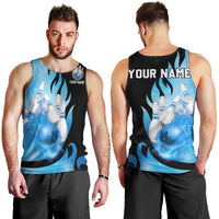 Blue Flame Bowling Ball and Pins Design Men Tank Top with Smoke Effects and Custom Team Name Text - Wonder Print Shop