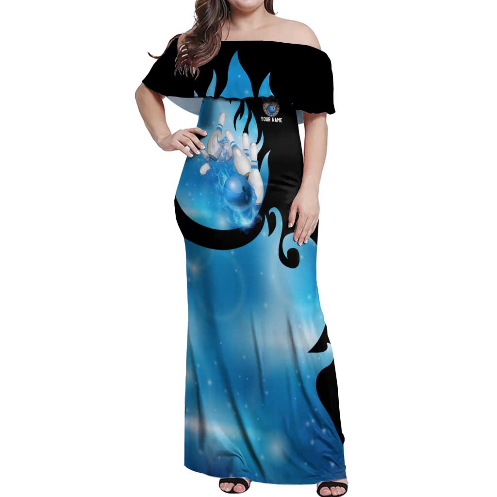 Blue Flame Bowling Ball and Pins Design Off Shoulder Maxi Dress with Smoke Effects and Custom Team Name Text - Wonder Print Shop