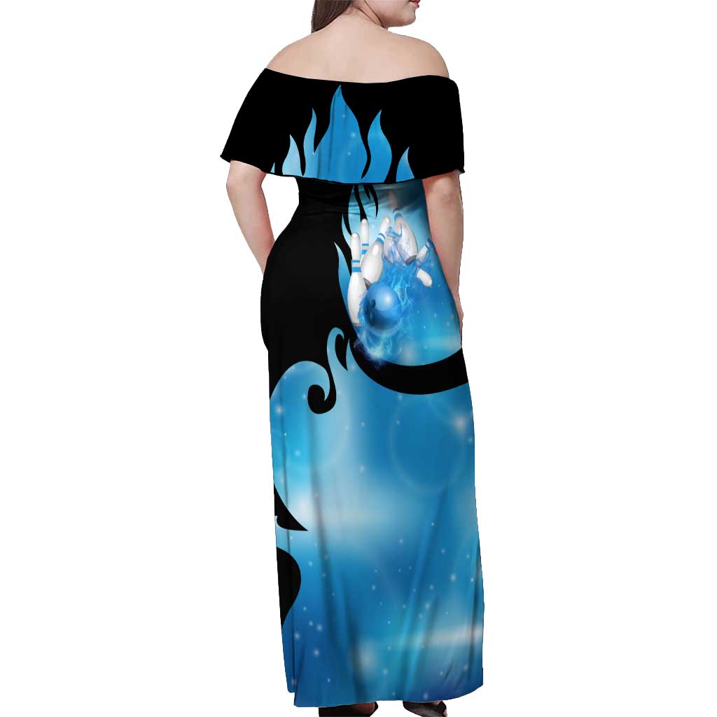 Blue Flame Bowling Ball and Pins Design Off Shoulder Maxi Dress with Smoke Effects and Custom Team Name Text - Wonder Print Shop