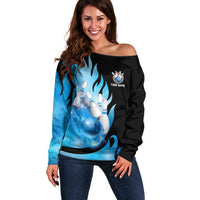 Blue Flame Bowling Ball and Pins Design Off Shoulder Sweater with Smoke Effects and Custom Team Name Text - Wonder Print Shop