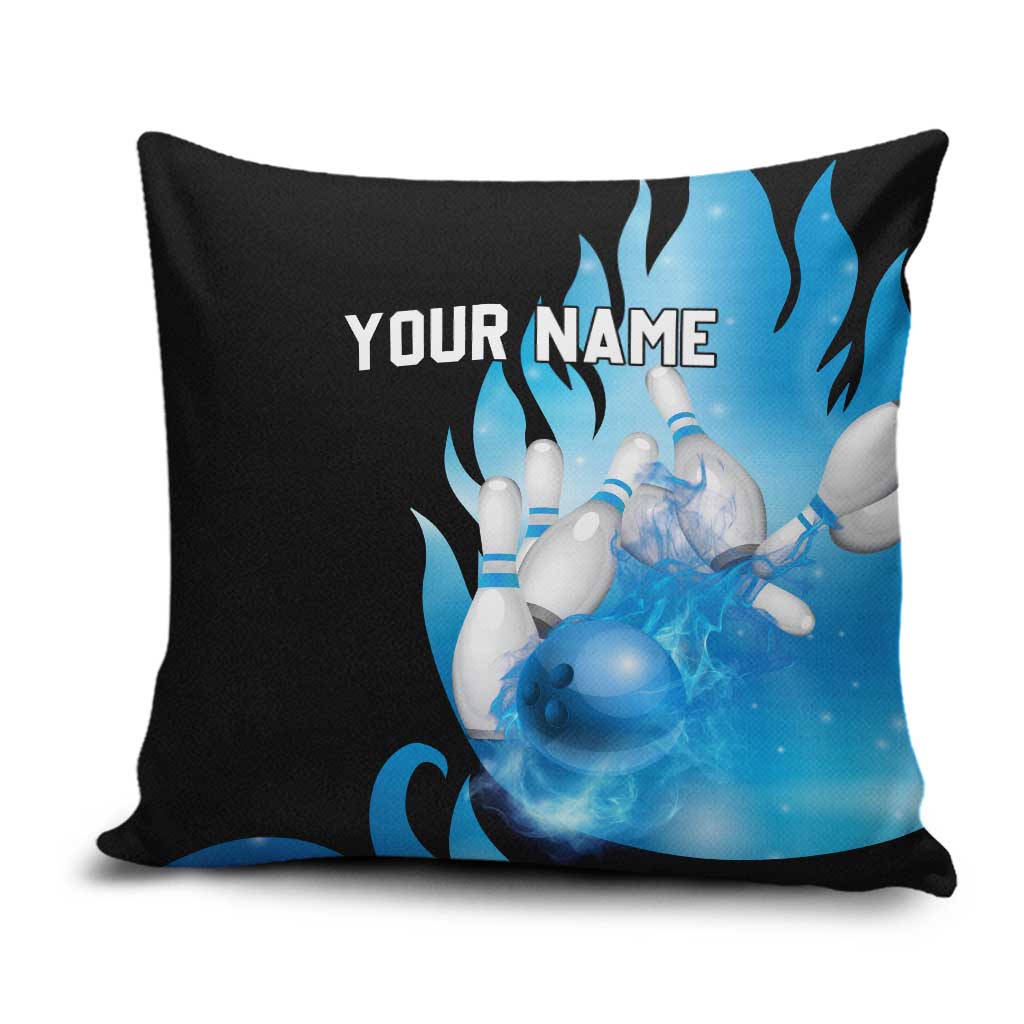 Blue Flame Bowling Ball and Pins Design Pillow Cover with Smoke Effects and Custom Team Name Text - Wonder Print Shop