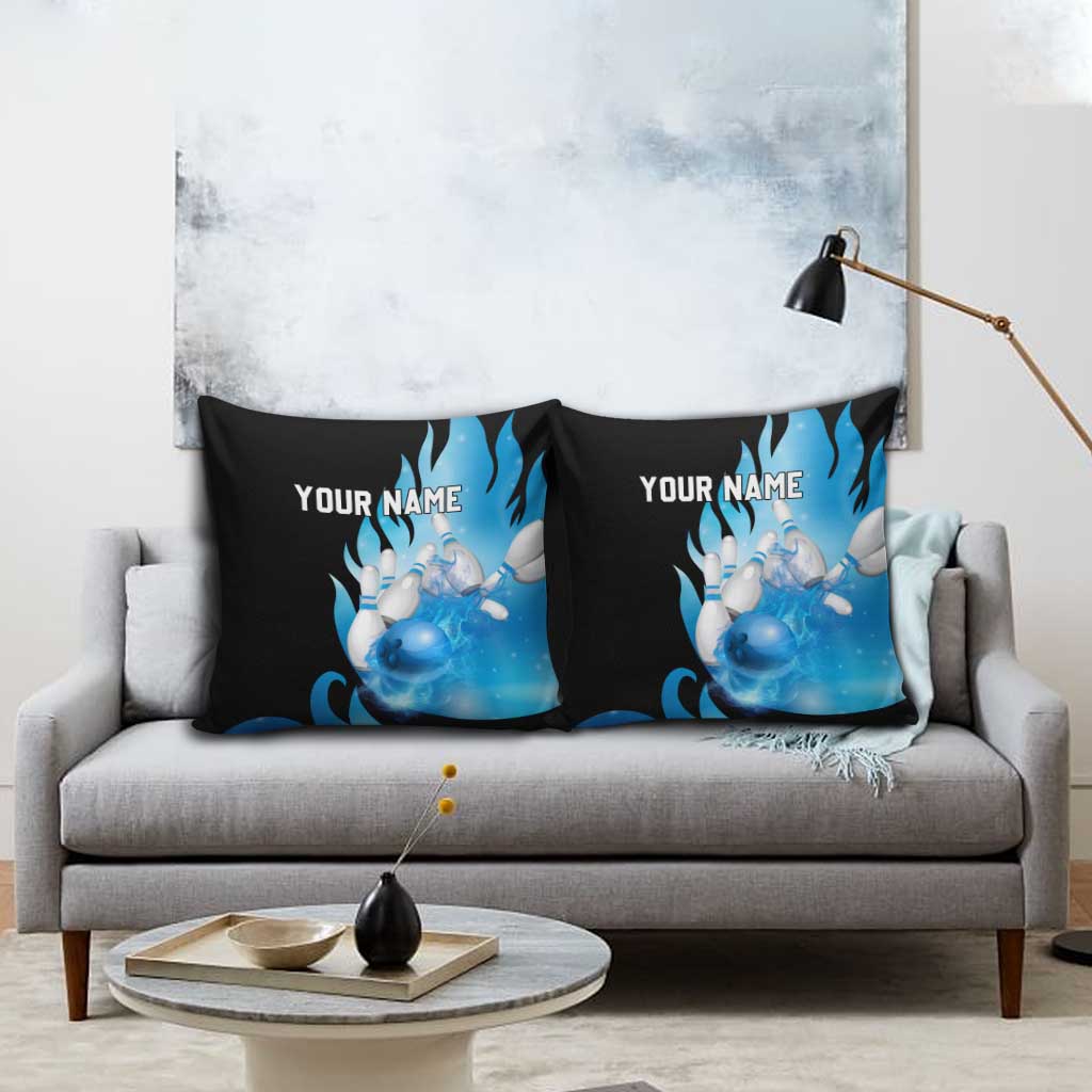 Blue Flame Bowling Ball and Pins Design Pillow Cover with Smoke Effects and Custom Team Name Text - Wonder Print Shop