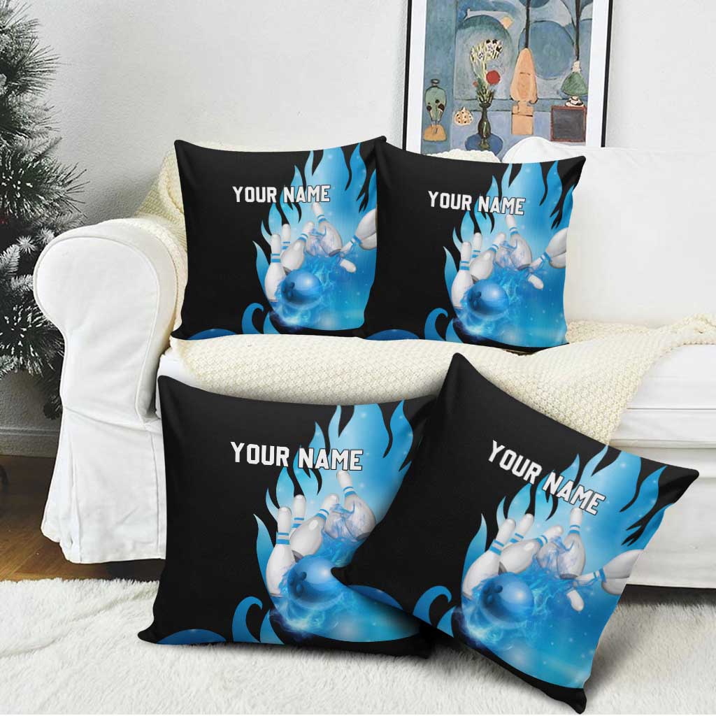 Blue Flame Bowling Ball and Pins Design Pillow Cover with Smoke Effects and Custom Team Name Text - Wonder Print Shop