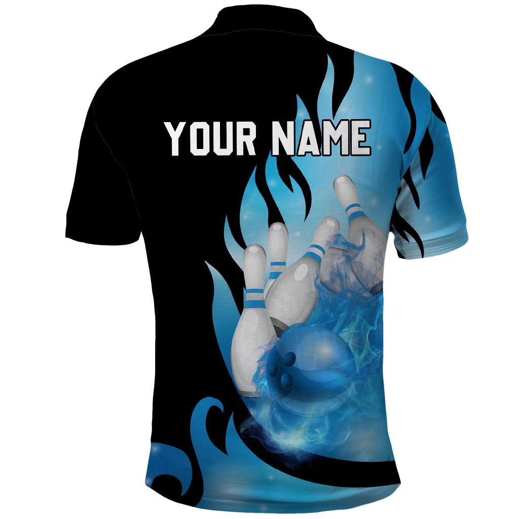 Blue Flame Bowling Ball and Pins Design Polo Shirt with Smoke Effects and Custom Team Name Text - Wonder Print Shop