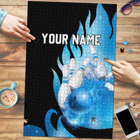 Blue Flame Bowling Ball and Pins Design Puzzle with Smoke Effects and Custom Team Name Text - Wonder Print Shop