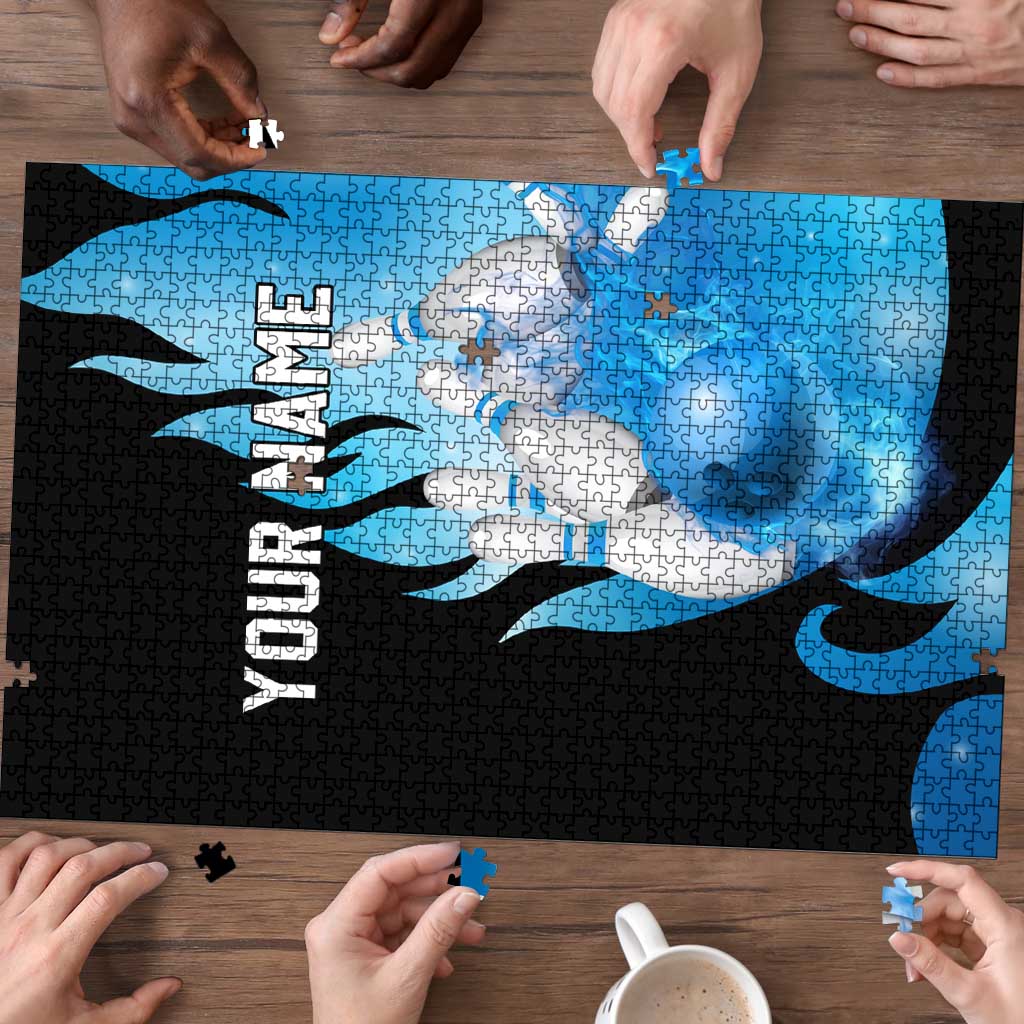 Blue Flame Bowling Ball and Pins Design Puzzle with Smoke Effects and Custom Team Name Text - Wonder Print Shop