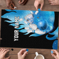 Blue Flame Bowling Ball and Pins Design Puzzle with Smoke Effects and Custom Team Name Text - Wonder Print Shop