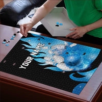 Blue Flame Bowling Ball and Pins Design Puzzle with Smoke Effects and Custom Team Name Text - Wonder Print Shop