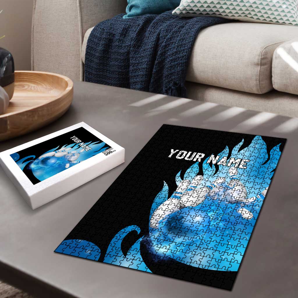 Blue Flame Bowling Ball and Pins Design Puzzle with Smoke Effects and Custom Team Name Text - Wonder Print Shop