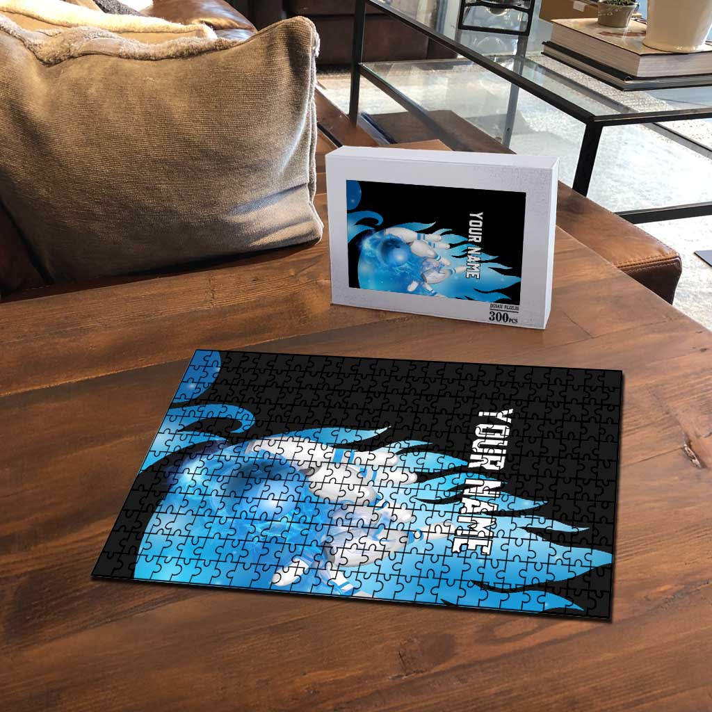 Blue Flame Bowling Ball and Pins Design Puzzle with Smoke Effects and Custom Team Name Text - Wonder Print Shop