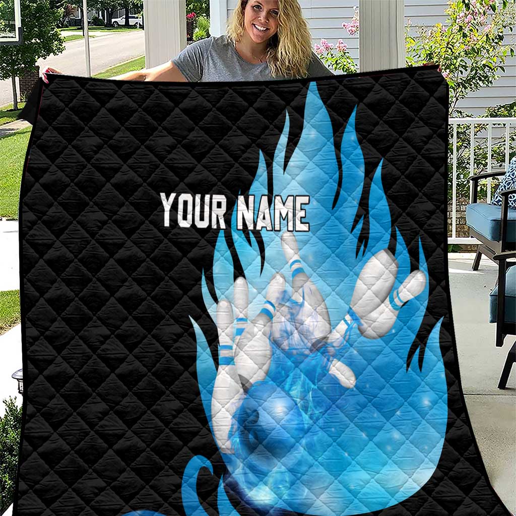Blue Flame Bowling Ball and Pins Design Quilt with Smoke Effects and Custom Team Name Text - Wonder Print Shop
