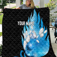 Blue Flame Bowling Ball and Pins Design Quilt with Smoke Effects and Custom Team Name Text - Wonder Print Shop