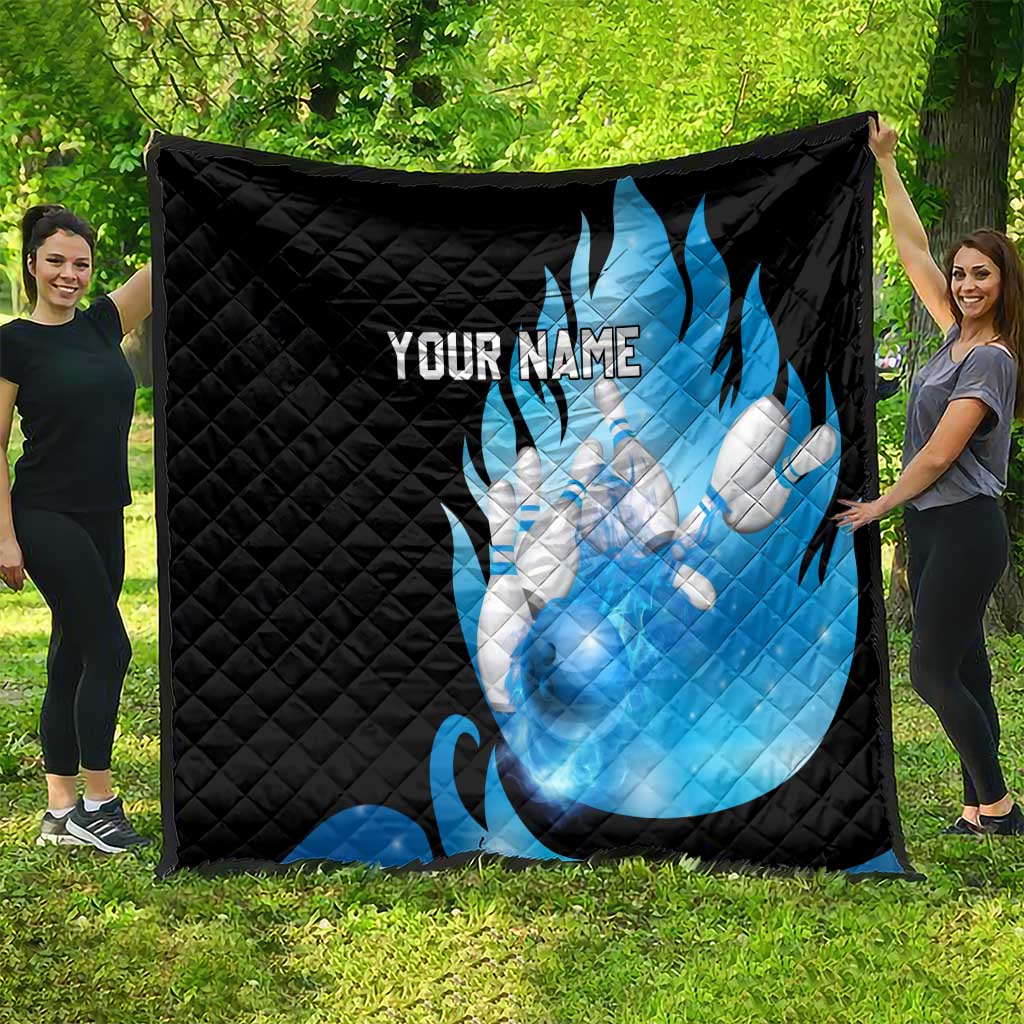 Blue Flame Bowling Ball and Pins Design Quilt with Smoke Effects and Custom Team Name Text - Wonder Print Shop